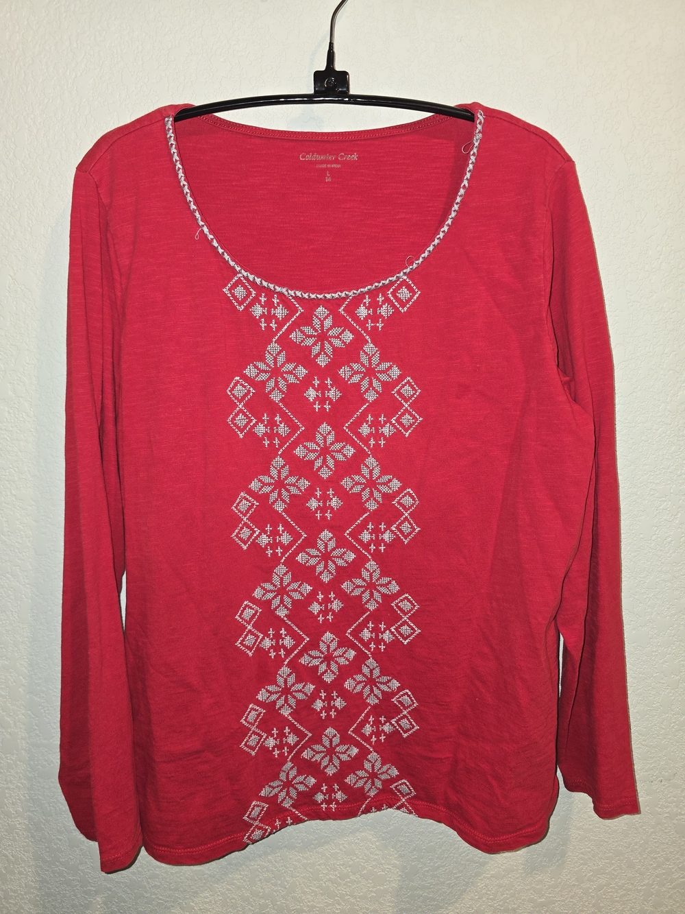 Coldwater Creek Red Embroidered Snowflake Slub Knit Top - Size Large (14)